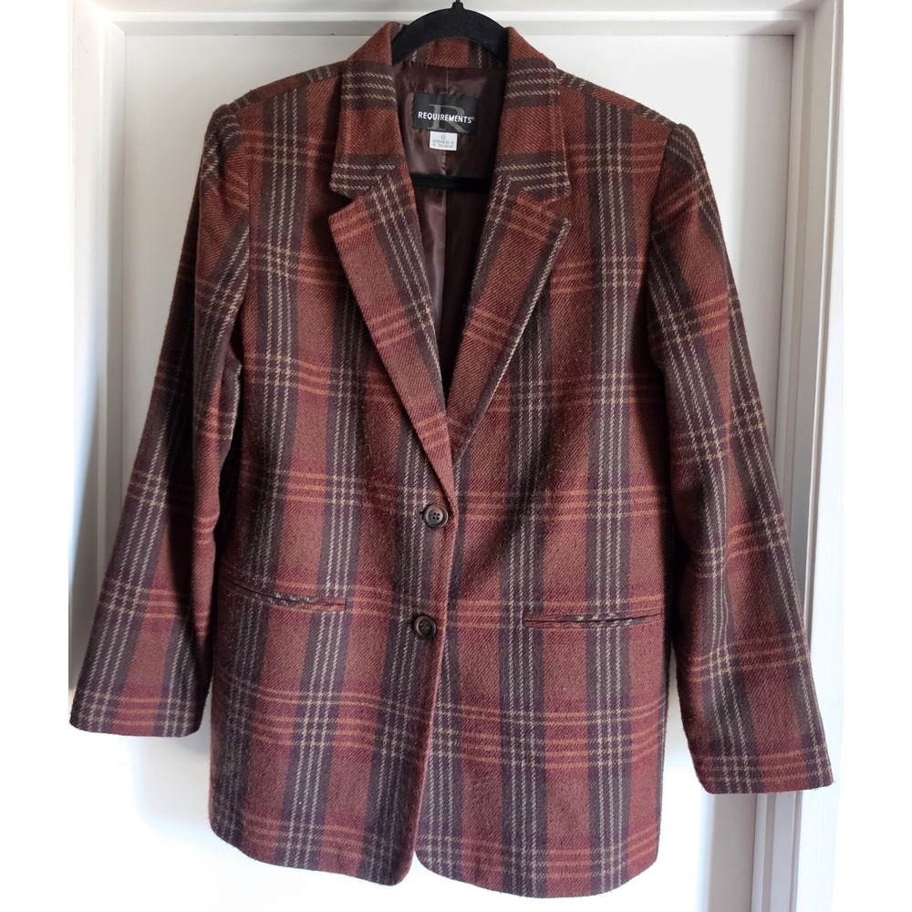 VTG Requirements Blazer Women Size 12 Red Brown Plaid Long Sleeve Work Jacket